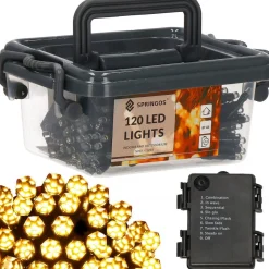 springos Kerstlichtsnoeren^ Kerstverlichting | Binnen & Buiten | Kristalvorm | 9 M | Batterij | 120 Led | Warm Wit