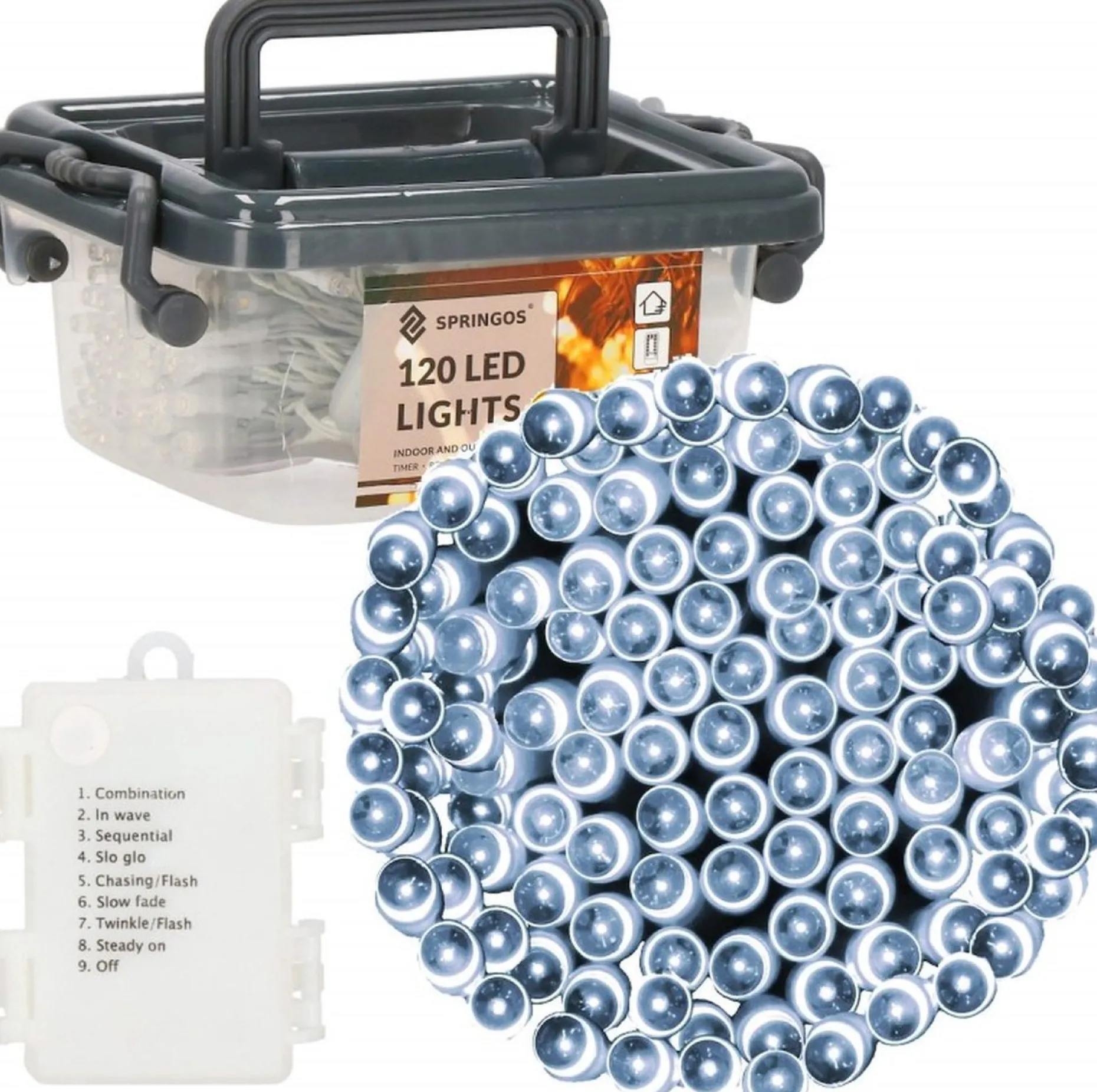 springos Kerstlichtsnoeren^ Kerstverlichting - Batterij - Afstandsbediening - 9 M - 120 Led - Koel Wit