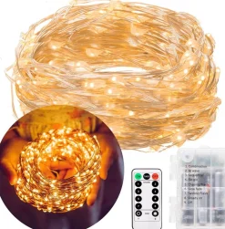 springos Kerstlichtsnoeren^ Kerstverlichting | 9.9 M + 0.3 M Snoer | Batterij | Inclusief Afstandsbediening | 100 Led | Warm Wit