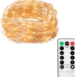 springos Kerstlichtsnoeren^ Kerstverlichting | 9.9 M + 0.3 M Snoer | Batterij | Inclusief Afstandsbediening | 100 Led | Warm Wit