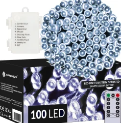 springos Kerstlichtsnoeren^ Kerstverlichting | 10,5 M | Batterij | Afstandsbediening | 100 Led | Koel Wit