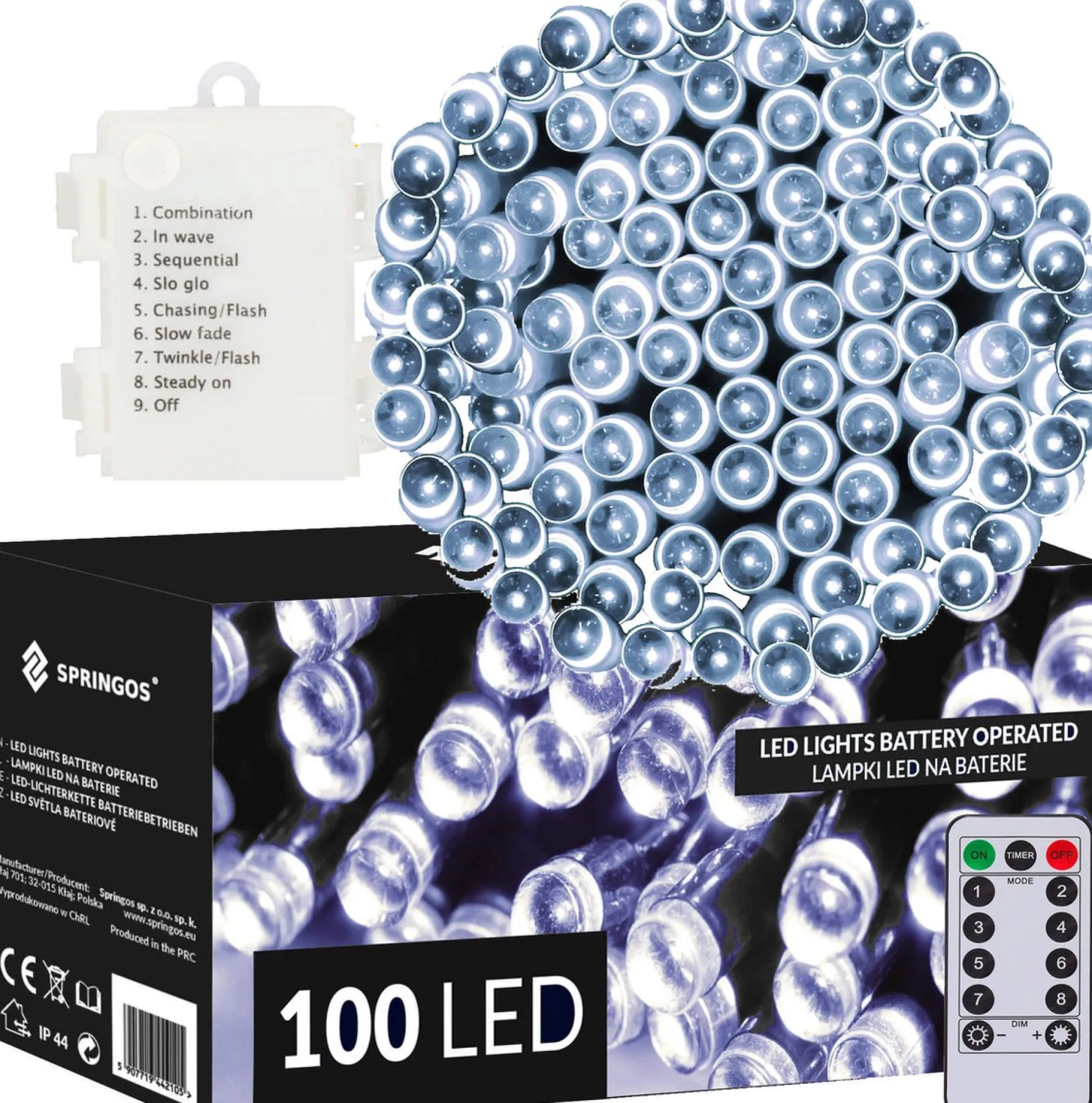 springos Kerstlichtsnoeren^ Kerstverlichting | 10,5 M | Batterij | Afstandsbediening | 100 Led | Koel Wit