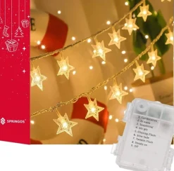 springos Kerstlichtsnoeren^ Kerstverlichting - Ster - Binnen & Buiten - 5 M - Batterij - 50 Led - Warm Wit