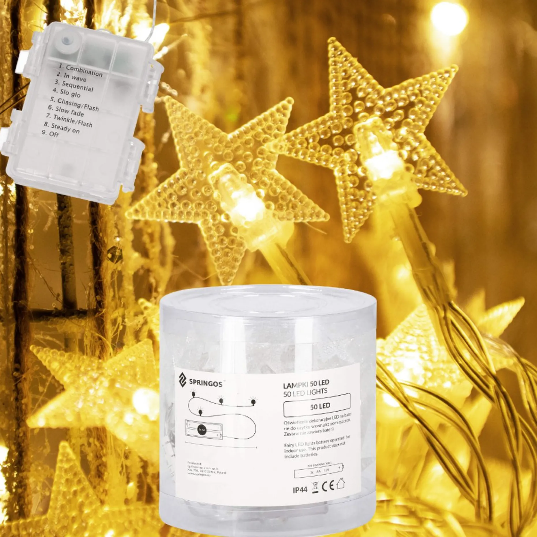 springos Kerstlichtsnoeren^ Kerstverlichting - Ster - Binnen & Buiten - 5 M - Batterij - 50 Led - Warm Wit