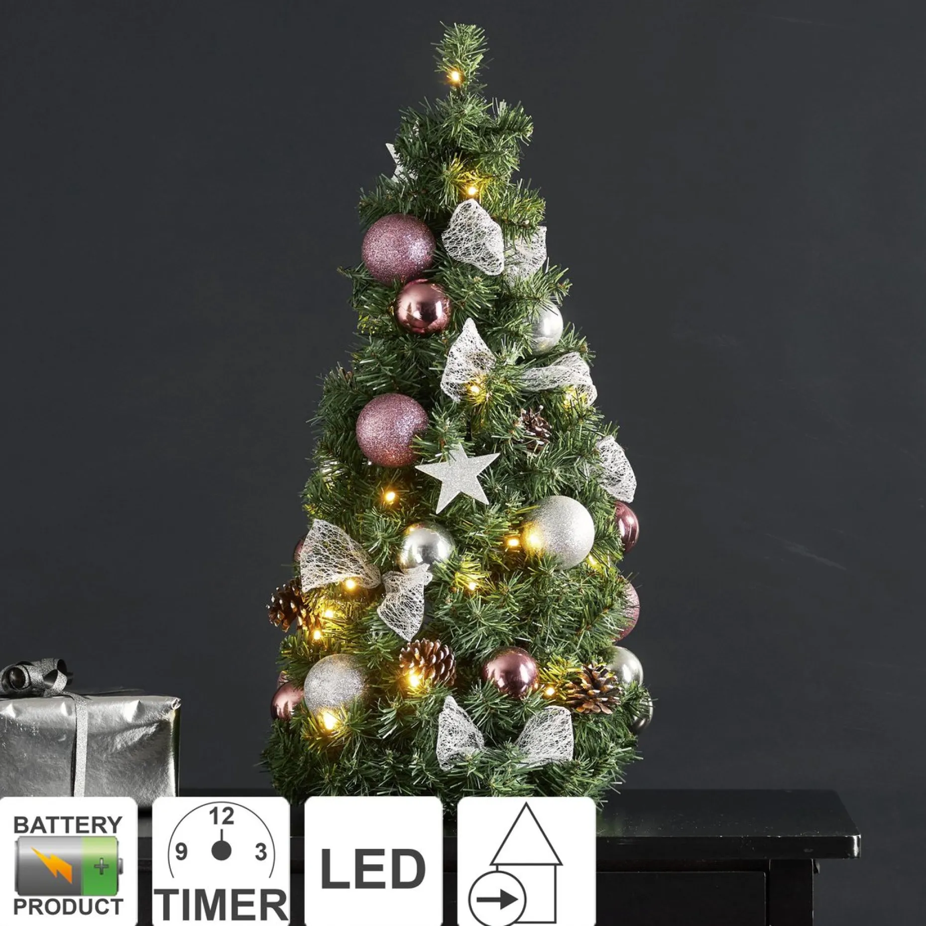 Star Trading Kunstkerstbomen^ Noel Kunstkerstboom Van, Kleine Kerstboom Met Kerstboomversiering Led-Lichtsnoeren En Timer In Groen, Zilver En Roze Voor Binnen, Warm Wit, Werkt Op Batterijen, Hoogte: 45 Cm