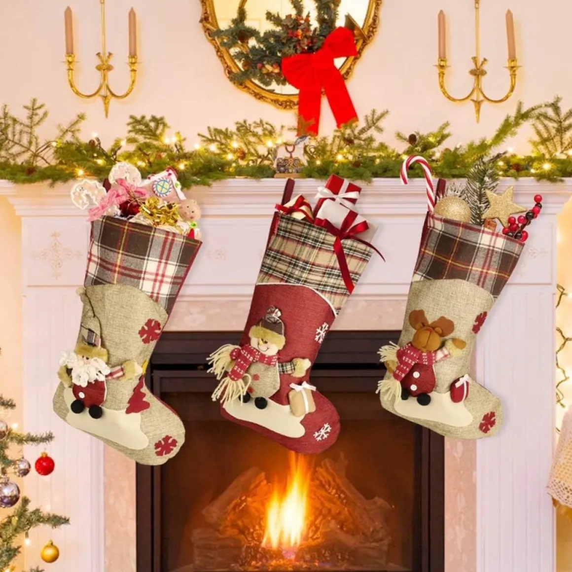 Merkloos 3 Stuks Kerstsokken, Kerstsokken, Kerstsokken, Grote Kerstlaarzen Om Te Vullen En Op Te Hangen Voor Open Haard, Etalage, Kerstboom (46 X 26,5 X 22,5 Cm) Store