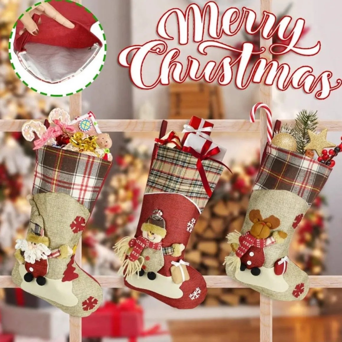 Merkloos 3 Stuks Kerstsokken, Kerstsokken, Kerstsokken, Grote Kerstlaarzen Om Te Vullen En Op Te Hangen Voor Open Haard, Etalage, Kerstboom (46 X 26,5 X 22,5 Cm) Store