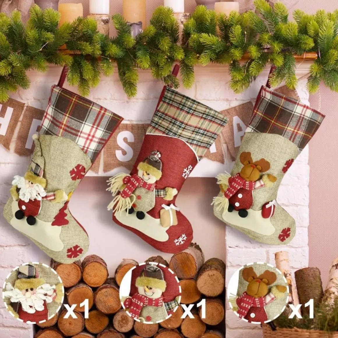 Merkloos 3 Stuks Kerstsokken, Kerstsokken, Kerstsokken, Grote Kerstlaarzen Om Te Vullen En Op Te Hangen Voor Open Haard, Etalage, Kerstboom (46 X 26,5 X 22,5 Cm) Store