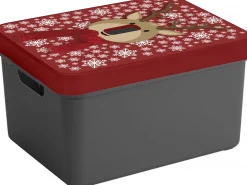 Sunware Kerstspullen Opbergers^ Kerstversiering Opbergbox /Rood - 44 X 34 X 24 Cm - Rendier Print Deksel