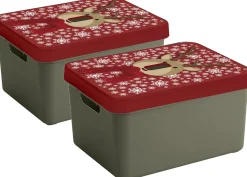 Sunware Kerstspullen Opbergers^ Kerstversiering Opbergboxen - Set 2X Stuks - 44 X 34 X 24 Cm - Rendier Print Deksel