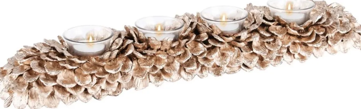 Merkloos Tafelstuk Lang Met 4 Theelichthouders - Champagne / Zilver / Creme - 49 X 12 X 7 Cm Hoog Flash Sale