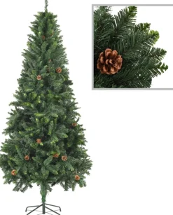 The Living Store Kunstkerstbomen^ Kunstkerstboom - Dennenboom - 210 Cm - Groen - Pvc - Met 1060 Puntige Uiteinden - Met Groen Glitter - Met 36 Dennenappels
