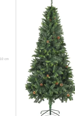 The Living Store Kunstkerstbomen^ Kunstkerstboom - Dennenboom - 210 Cm - Groen - Pvc - Met 1060 Puntige Uiteinden - Met Groen Glitter - Met 36 Dennenappels
