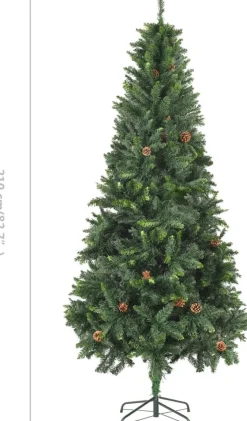The Living Store Kunstkerstbomen^ Kunstkerstboom - Dennenboom - 210 Cm - Groen - Pvc - Met 1060 Puntige Uiteinden - Met Groen Glitter - Met 36 Dennenappels