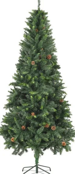The Living Store Kunstkerstbomen^ Kunstkerstboom - Dennenboom - 210 Cm - Groen - Pvc - Met 1060 Puntige Uiteinden - Met Groen Glitter - Met 36 Dennenappels