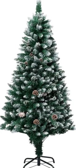 The Living Store Decoratieve Kerstbomen^ Kunstkerstboom 150 Cm - Groen En Wit - Met 680 Uiteinden En Witte Sneeuw - Inclusief Dennenappels - Pvc En Staal