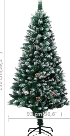 The Living Store Decoratieve Kerstbomen^ Kunstkerstboom 150 Cm - Groen En Wit - Met 680 Uiteinden En Witte Sneeuw - Inclusief Dennenappels - Pvc En Staal