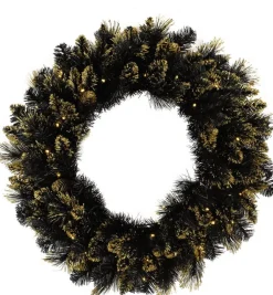 * Verlichte Kerstkrans Shimmery Golden Black Bristle - Zwart - O 61 Cm - 50 Ledlampjes - Met Gouden Glitter Clearance
