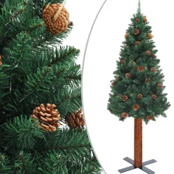 VidaLife Kunstkerstbomen^ Kerstboom Met Led's En Hout En Dennenappels Smal 180 Cm Groen