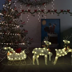 vidaXL Verlichte Kerstfiguren^ Buitenkerstversiering Rendieren En Slee 60 Led's Goudkleurig