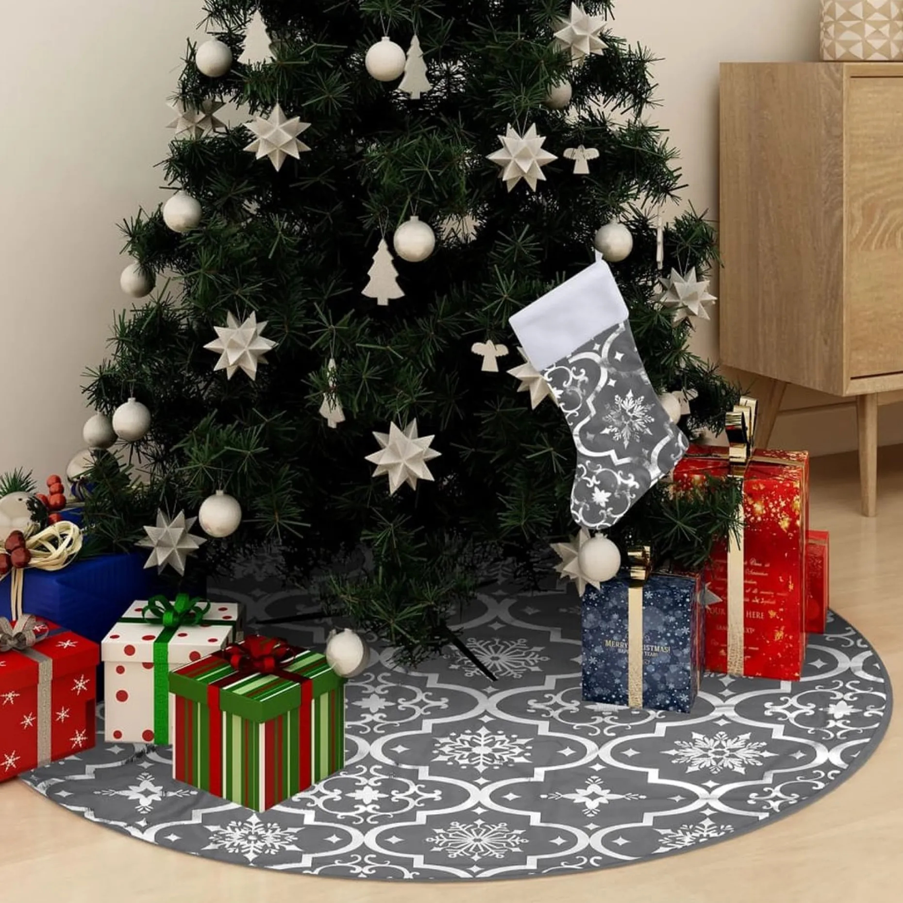 vidaXL Kerstboomstandaarden^ Kerstboomrok Luxe Met Sok 90 Cm Stof Grijs