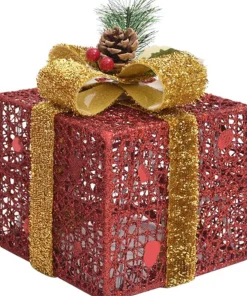 vidaXL Verlichte Kerstfiguren^ Kerstdecoratie Geschenkdozen 3 St Binnen/Buiten Rood