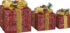 vidaXL Verlichte Kerstfiguren^ Kerstdecoratie Geschenkdozen 3 St Binnen/Buiten Rood