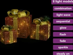 vidaXL Verlichte Kerstfiguren^ Kerstdecoratie Geschenkdozen 3 St Binnen/Buiten Rood