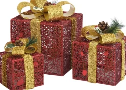vidaXL Verlichte Kerstfiguren^ Kerstdecoratie Geschenkdozen 3 St Binnen/Buiten Rood