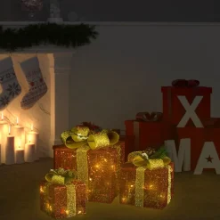 vidaXL Verlichte Kerstfiguren^ Kerstdecoratie Geschenkdozen 3 St Binnen/Buiten Rood