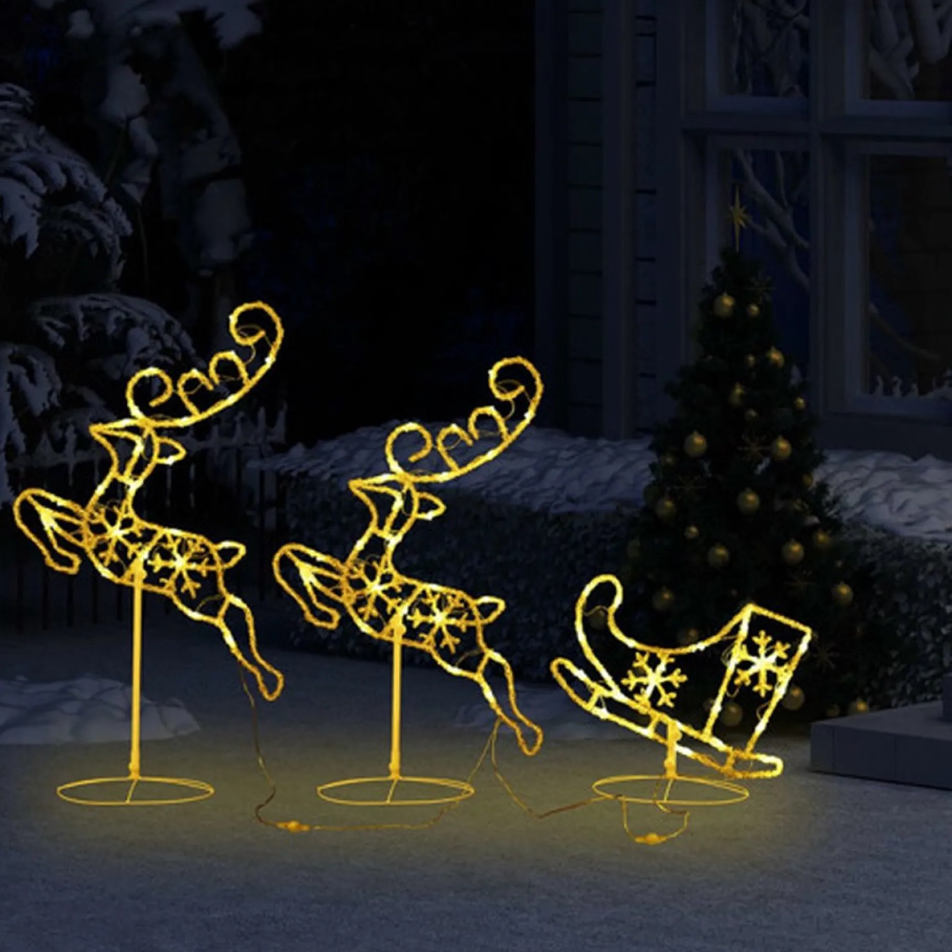 vidaXL Verlichte Kerstfiguren^ Kerstdecoratie Rendieren En Slee 260X21X87 Cm Acryl Warmwit