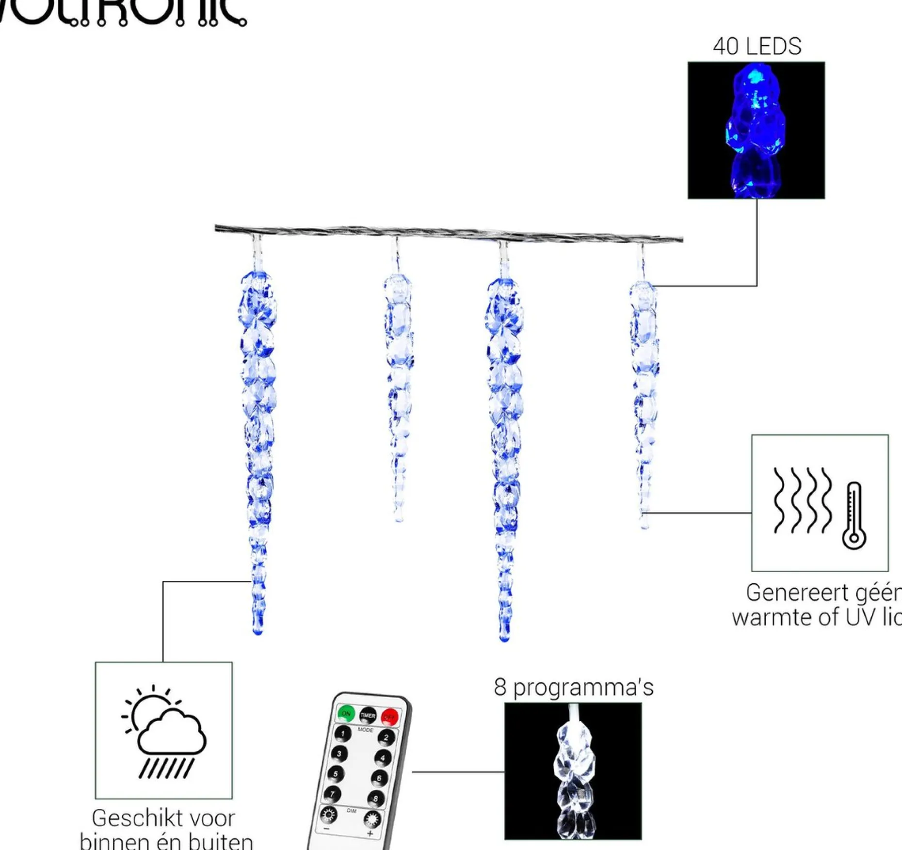 VOTRONIC Lichtslangen^Voltronic Kerstverlichting - Led Ijspegel Verlichting - Met Afstandsbediening & Timer - Kerstlampjes - Kerstverlichting Binnen - Kerstverlichting Buiten - Feestverlichting - Feest - Kerst - 40 Ijspegels - 5.5M Verlichting + 5M Snoer