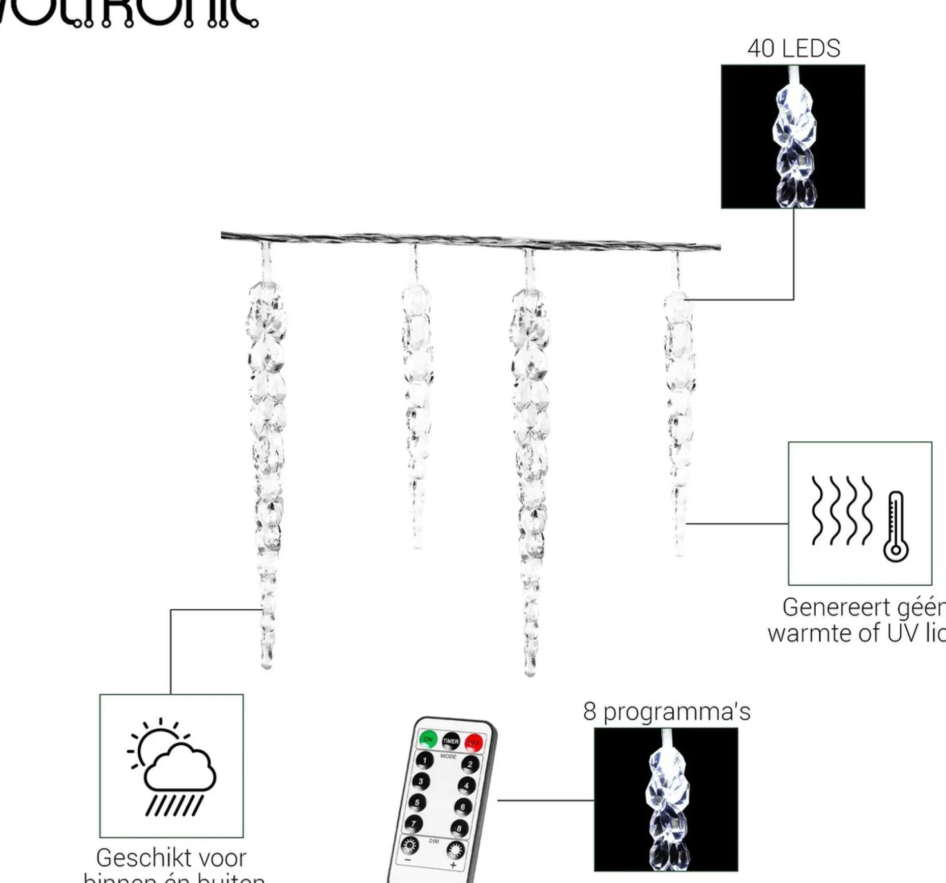 VOTRONIC Lichtslangen^Voltronic Kerstverlichting - Led Ijspegel Kerstlampjes - Met Timer & Afstandsbediening - Kerstverlichting Binnen - Kerstverlichting Buiten - Feestverlichting - Feest - Kerst - 40 Ijspegels - 5.5 Meter Verlichting + 5 M Kabel