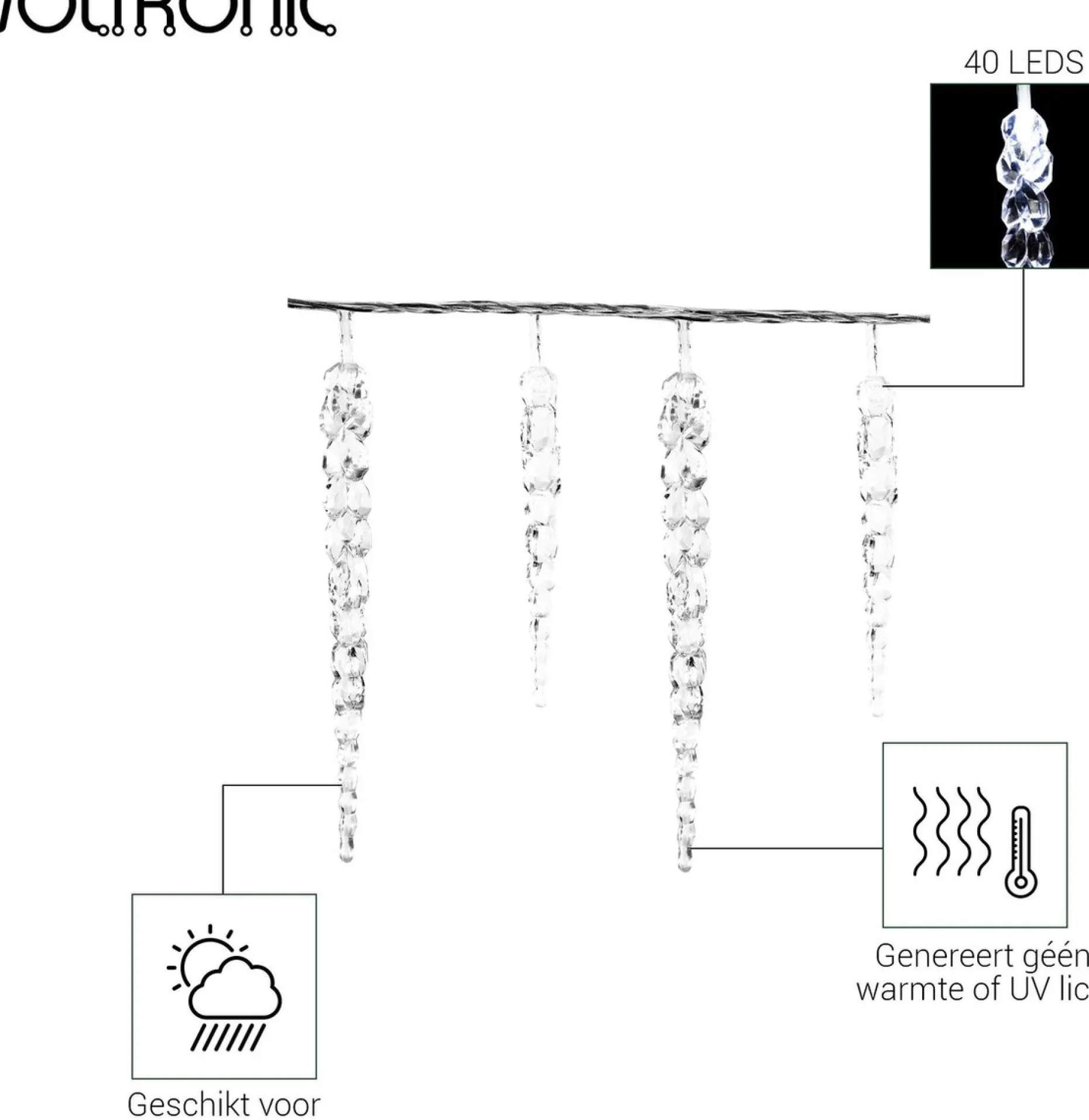 VOTRONIC Lichtslangen^Voltronic Kerstverlichting - Led Ijspegel Verlichting - Kerstverlichting Ijspegel Buiten - 40 Ijspegels - 10.5 Meter Kabel - Wit