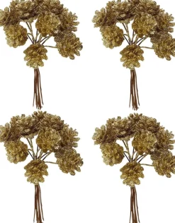 Merkloos 4X Kerststukje Instekers Bosje Van 12 Gouden Dennenappels Op Draad - Kerststukje Onderdeken Stekers Best