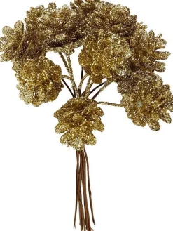 Merkloos 4X Kerststukje Instekers Bosje Van 12 Gouden Dennenappels Op Draad - Kerststukje Onderdeken Stekers Best