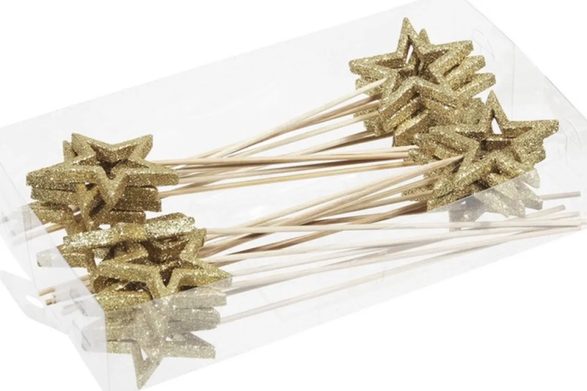 Othmar Decorations 24X Kerststukje Onderdelen Gouden Stekers/Instekers Met Open Ster 6 Cm - Kerststukje Maken - Prikkers/Instekertjes Goudkleurig Hot