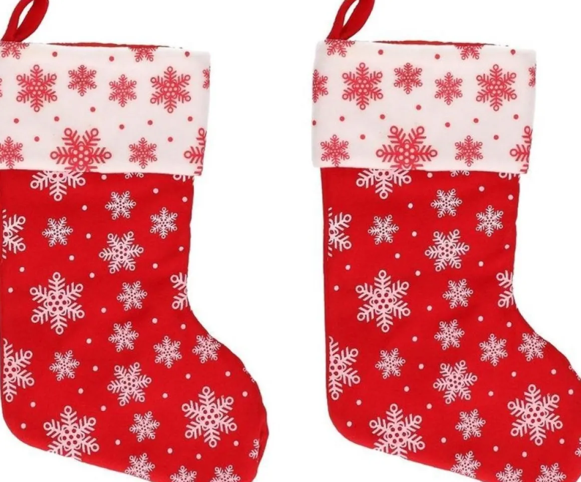 Merkloos 2X Rood/Witte Kerstsokken Met Sneeuwvlokken Print 40 Cm - Kerstversiering/Kerstdecoratie Sokken Outlet