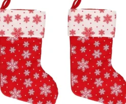 Merkloos 4X Rood/Witte Kerstsokken Met Sneeuwvlokken Print 40 Cm - Kerstversiering/Kerstdecoratie Sokken Hot