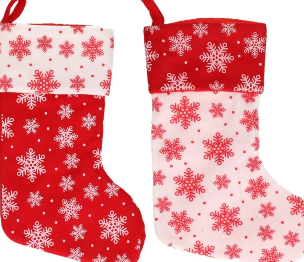 Merkloos 2X Rood/Witte Kerstsokken Met Sneeuwvlokken Print 40 Cm - Kerstversiering/Kerstdecoratie Sokken Cheap