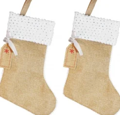 Merkloos 2X Stuks Jute Kerstsokken Met Witte Rand En Zilveren Pailletten 45 Cm - Kerstversiering/Kerstdecoratie Discount