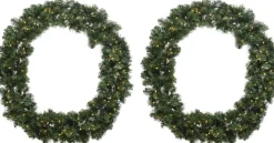 Decoris 2X Stuks Kerstkransen/Dennenkransen Met Warm Witte Kerstverlichting En Timer 50 Cm - Verlichte Dennenkransen/Deurkransen Best