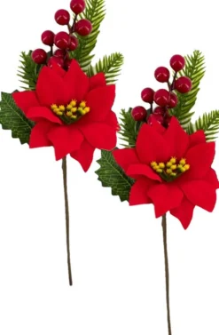 Gerim 6X Stuks Kerststukje Stekertjes Met Hulst/Bessen/Dennentak/Kerstster Groen/Rood 26 Cm - Versieren Van Kerstkrans/Stukjes Hot