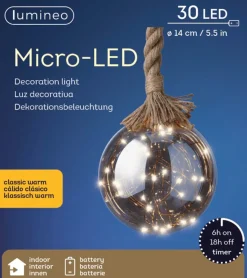 Lumineo Verlichte Kerstfiguren^1X Stuks Verlichte Glazen Kerstballen Aan Touw Met 30 Lampjes Zilver/Warm Wit 15 Cm - Decoratie Kerstballen Met Licht