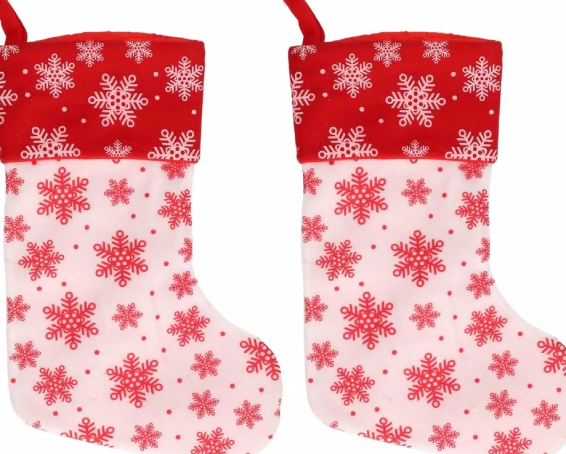 Merkloos 2X Wit/Rode Kerstsokken Met Sneeuwvlokken Print 40 Cm - Kerstversiering/Kerstdecoratie Sokken Best Sale