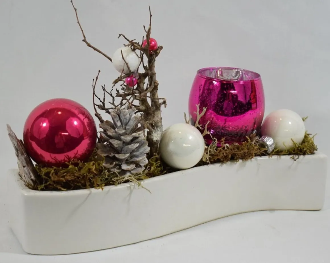 ZoeZo Design - Kerststukje - Kerststuk - Kerstdecoratie - Kerstversiering - Met Waxinelichtjeshouder - Aardewerk Potje - Wit - Pink - 26X17X7 Cm Best Sale