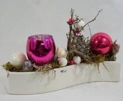 ZoeZo Design - Kerststukje - Kerststuk - Kerstdecoratie - Kerstversiering - Met Waxinelichtjeshouder - Aardewerk Potje - Wit - Pink - 26X17X7 Cm Best Sale