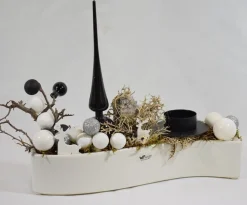 ZoeZo Design - Kerststukje - Kerststuk - Kerstdecoratie - Kerstversiering - Met Waxinelichtjeshouder - Aardewerk Potje - Wit - Zwart - 26X22X7 Cm Best Sale