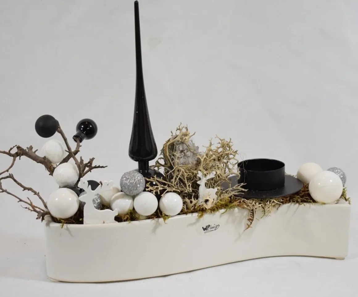 ZoeZo Design - Kerststukje - Kerststuk - Kerstdecoratie - Kerstversiering - Met Waxinelichtjeshouder - Aardewerk Potje - Wit - Zwart - 26X22X7 Cm Best Sale