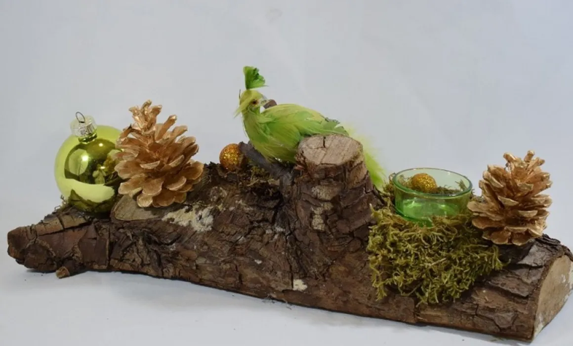 ZoeZo Design - Kerststuk - Kerststukje - Tafelstuk - Boomstam - Goud - Groen - Pauw - 40 X 12 X 18 Cm - Met Waxinelichtjeshouder New